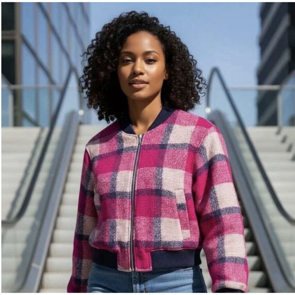 House Of Harlow 1960 Women's S Plaid Wool Blend Quilted Lined Bomber Jacket RF